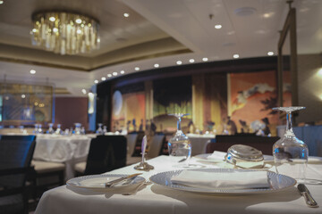 Art Deco interior design style furniture, carpets and paneling onboard classic ocean liner cruiseship cruise ship main dining room restaurant