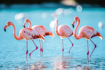 Wild african birds. Group birds of pink african flamingos walking around the blue lagoon on a sunny day , ai