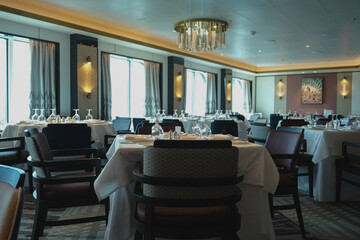 Art Deco interior design style furniture, carpets and paneling onboard classic ocean liner...