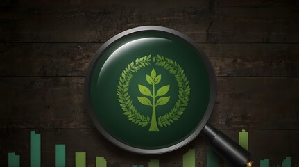Obraz premium A green company concept's environment target, a social business strategy's magnifying glass concentrate on the green target icon, and business growth with environmental conservation aims