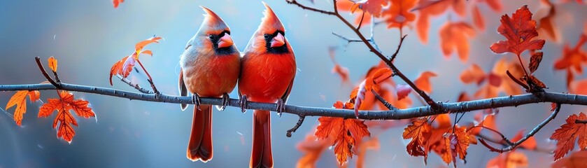 Two red cardinals perched on a branch with fall leaves.