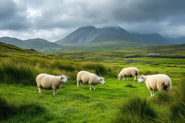 Fototapeta premium Sheep on pasture background, ai