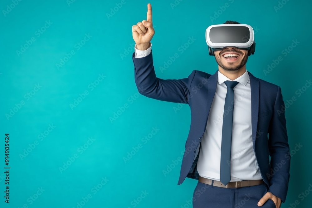 Poster studio shot of a happy businessman with vr googles smiling and having an idea