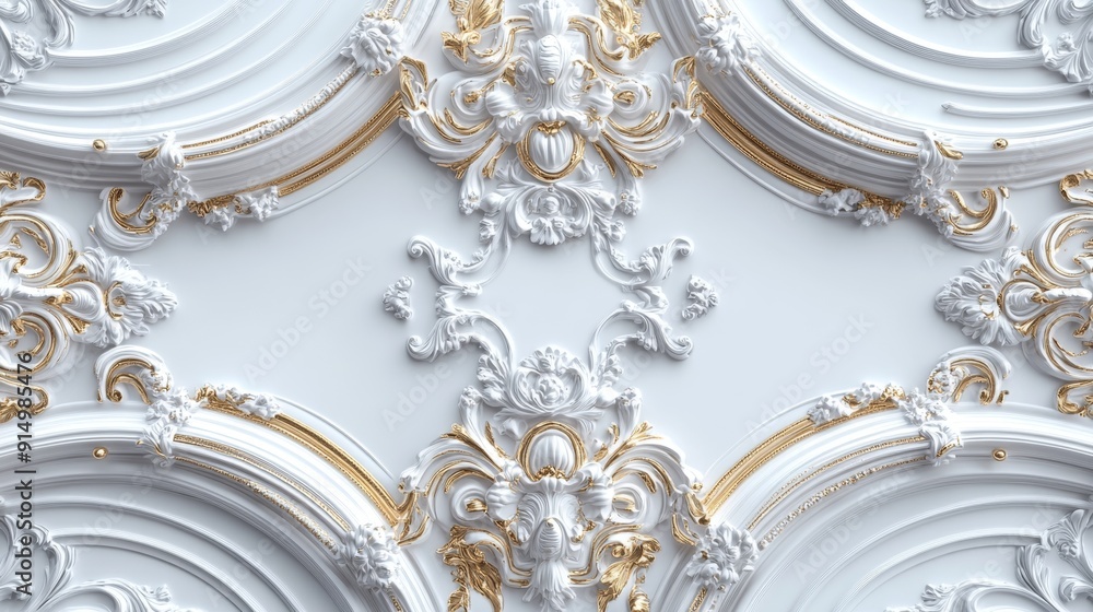 Wall mural elegant white and gold plaster relief ornamentation