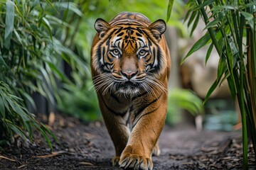 Obraz premium Proud Sumatran Tiger prowling towards the camera , ai