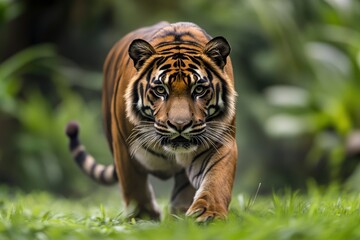 Fototapeta premium Proud Sumatran Tiger prowling towards the camera , ai