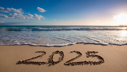 Sand writing of "2025" on a serene beach during sunset, with a calm ocean and blue skies in the background