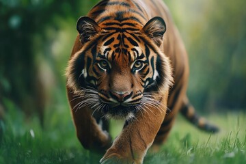 Fototapeta premium Proud Sumatran Tiger prowling towards the camera , ai