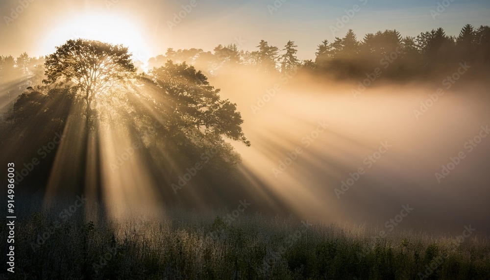 Poster sunlight piercing through misty trees creating a serene and ethereal atmosphere in the morning meado