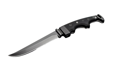 Sleek Culinary Knife Resting on a Sturdy Wooden Cutting Board in a Bright Kitchen on Transparent PNG Background.