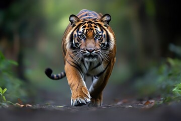 Obraz premium Proud Sumatran Tiger prowling towards the camera , ai