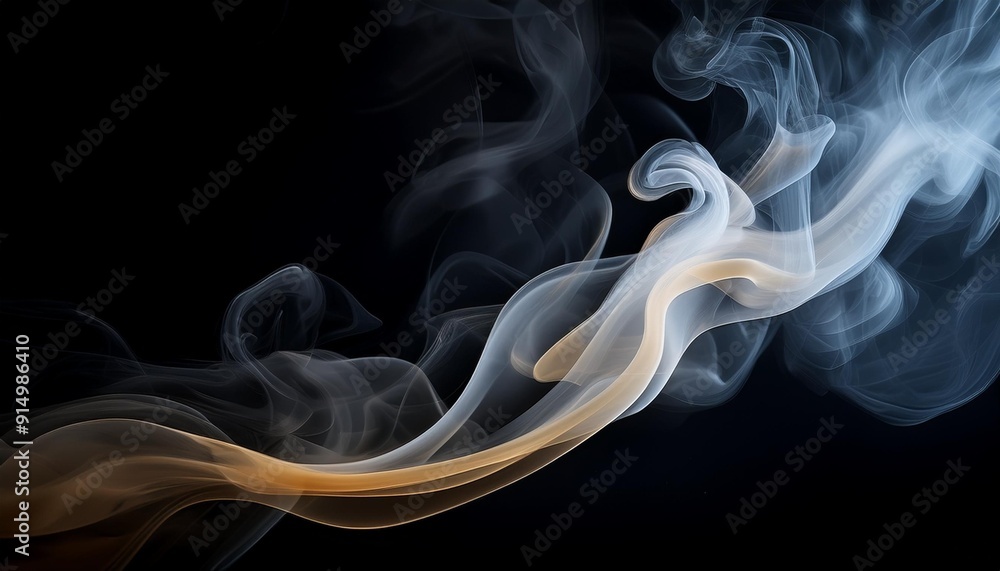 Poster abstract swirling smoke patterns in shades of white and orange against a dark background, creating a