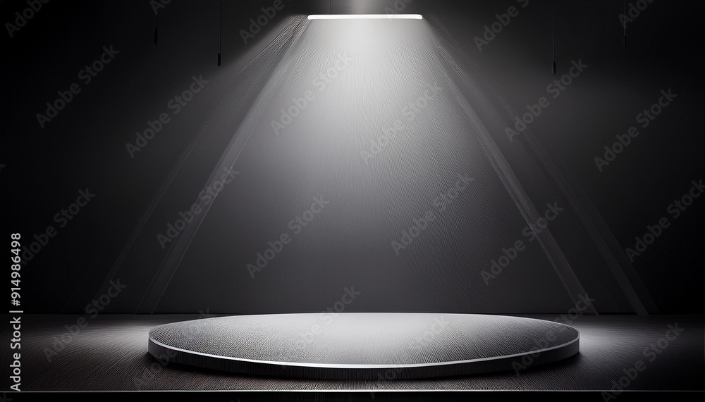 Poster illuminated display platform in a minimalist studio setting with dramatic lighting and dark backgrou