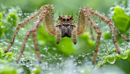 A spider with dew drops on its web in a lush green garden.