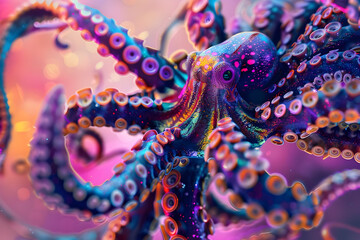 Obraz premium Vibrant 3D Octopus Illustration with Sparkling Tentacles