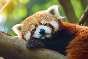 Fototapeta premium Sleeping Red Panda. Funny cute animal image, ai
