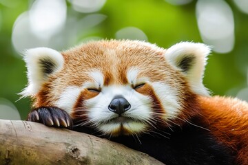 Fototapeta premium Sleeping Red Panda. Funny cute animal image, ai