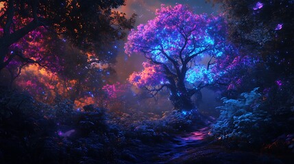 A Path Through a Magical Forest with Glowing Trees and Butterflies