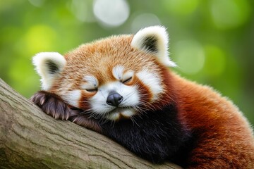 Obraz premium Sleeping Red Panda. Funny cute animal image, ai