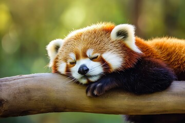Obraz premium Sleeping Red Panda. Funny cute animal image, ai
