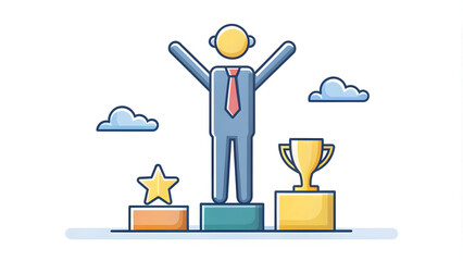 3D flat successful icon with copy space on white background. Ideal for business visuals. Doodle line cartoon style.