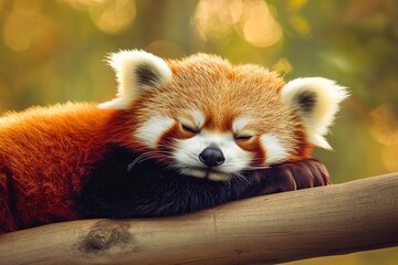 Fototapeta premium Sleeping Red Panda. Funny cute animal image, ai