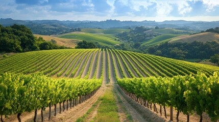 Fototapeta premium A scenic vineyard with rows of grapevines and a view of rolling hills in the background