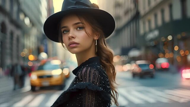 A stylish woman in a black hat and sunglasses looks confidently at the camera in a busy city street.