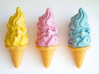  ice cream cones made of playdough, in different colors, on a white background