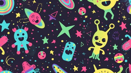 Colorful Alien Creatures and Space Elements on Dark Background