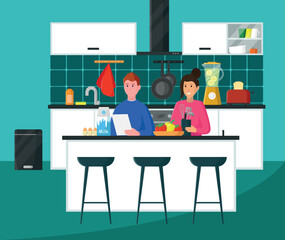 Couple cooking together in the kitchen. Flat style vector illustration.