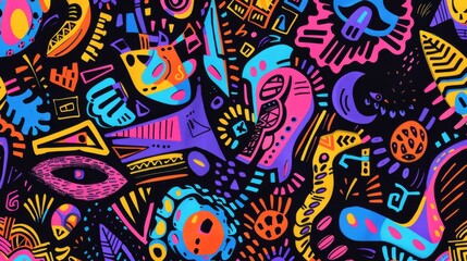 Obraz premium Vibrant Tribal Artwork with Psychedelic Patterns and Symbols