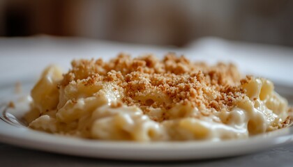 Close-Up of Creamy Macaroni and Cheese with Crunchy Topping