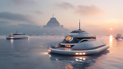 A futuristic flying saucer hovers over the historic city of Venice at dawn.