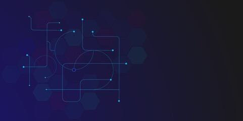 Abstract point and circle lines connection with hexagon shapes. Communication technology background design.