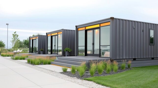 Modern shipping container office building with glass doors and landscaping.