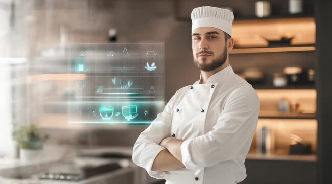 Male cheff scene with transparent screen data, Slow motion camera with different angles