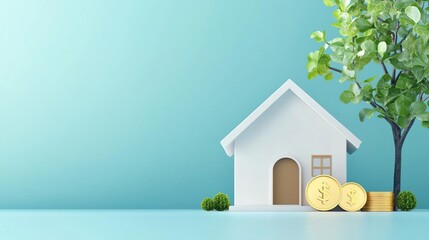 Minimalist house model with coins and green plants, symbolizing homeownership, wealth, and prosperity.
