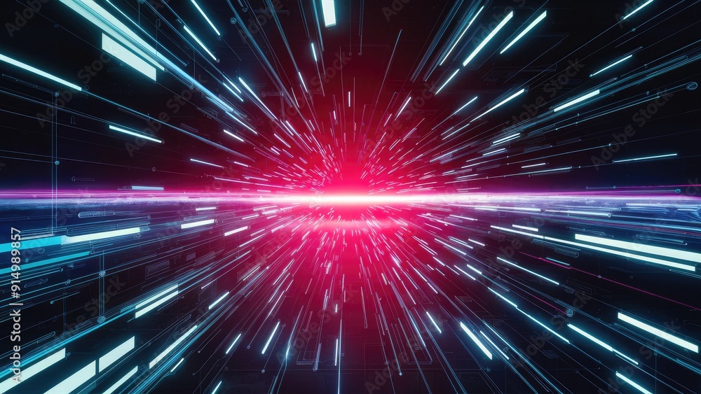 Poster futuristic digital corridor featuring dynamic blue and magenta tones illuminated horizon and abstrac