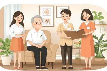 Obraz premium A warm, illustrative scene featuring an elderly man sitting comfortably in a chair, surrounded by supportive family members and caregivers. 