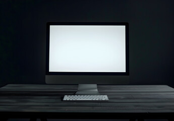 Fototapeta premium A computer monitor with a white screen sits on a wooden desk with a keyboard in front of it.