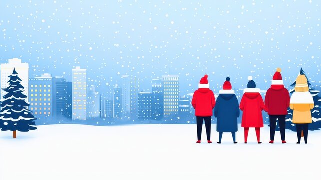 A winter scene featuring people in colorful coats, enjoying a snowy day in the city with snow-covered trees and buildings.