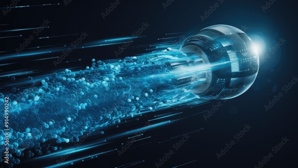 Poster futuristic blue digital particles flowing on a dark background forming a dynamic visual display