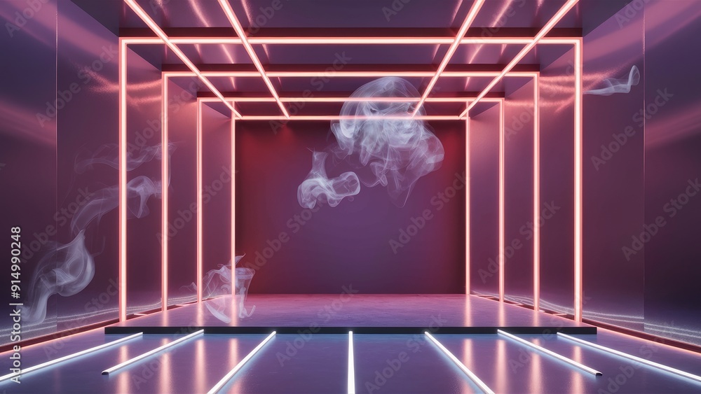 Poster empty stage with directional neon lighting and floating smoke on a transparent background ideal for 