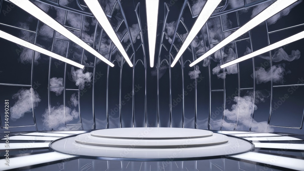 Poster empty stage with directional white lighting and floating smoke on a transparent background ideal for