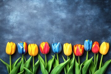  A visually striking arrangement of multicolored tulips lined up against a rich, textured background. 