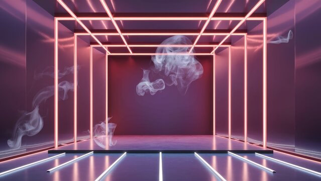 Empty stage with directional neon lighting and floating smoke on a transparent background ideal for product demonstrations