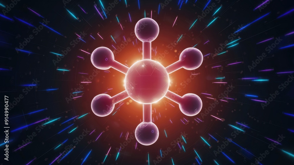 Aufkleber 3d rendering of a molecule with a dark neon light effect