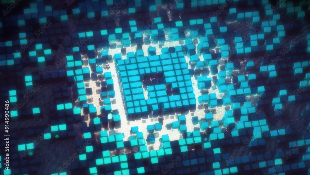 Poster abstract blue mosaic background featuring digital squares in a technology concept bright blue pixel 