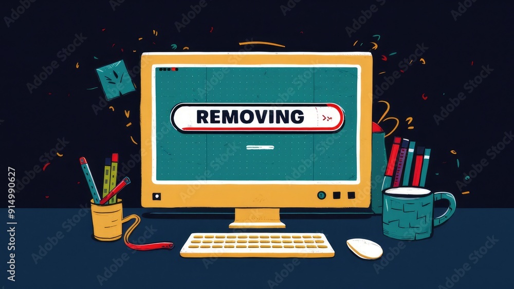 Poster computer monitor displaying a progress bar with the word removing on a dark background